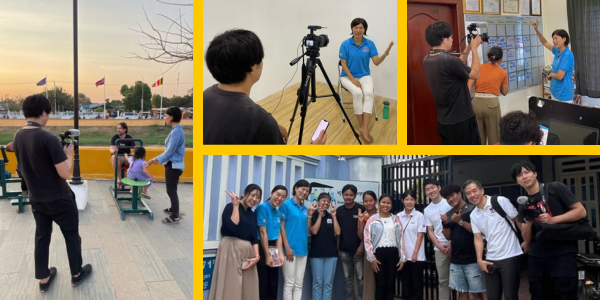 Collage: a JICA video team films TukTuk staff at work and poses with them for a group photo