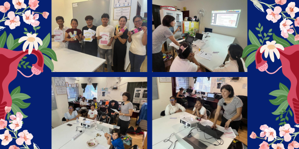 Collage: TukTuk staff take part in a menstrual health workshop in the office, with slides and group discussion
