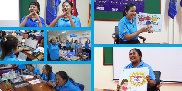 Collage: teachers practise action songs, use laptops, make crafts and show picture books at the 6th workshop