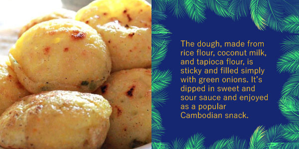 Nom Krok, small coconut milk and rice flour cakes, with text describing the Cambodian snack and its dipping sauce