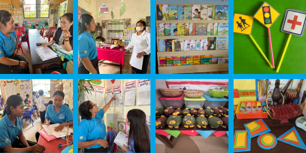 Collage: staff and officers assess classrooms, with picture-book shelves, traffic-sign crafts and handmade decorations