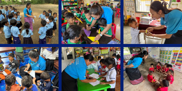 Collage: TukTuk staff guide preschool children through games, crafts and worksheets during the 6th school visits