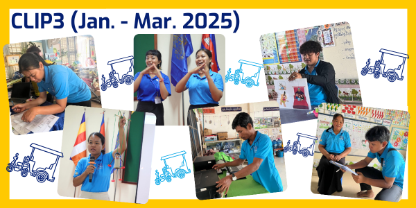 Collage titled CLIP3 (Jan. - Mar. 2025): TukTuk staff and teachers at workshops, school visits and computer work