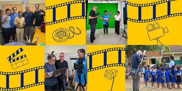 Collage: the Australian film team shoots in a classroom, a green-screen studio and a school yard with TukTuk staff