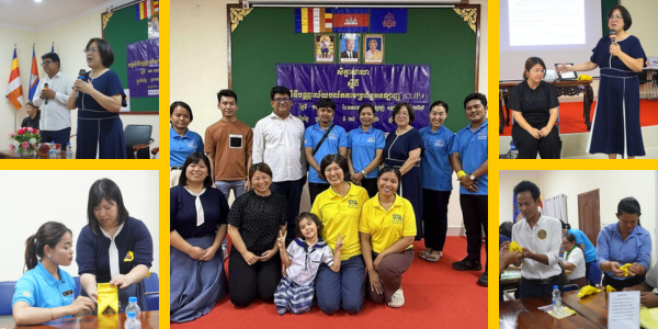 Collage: a guest speaker lectures, and teachers and staff pose together at the two-day final workshop