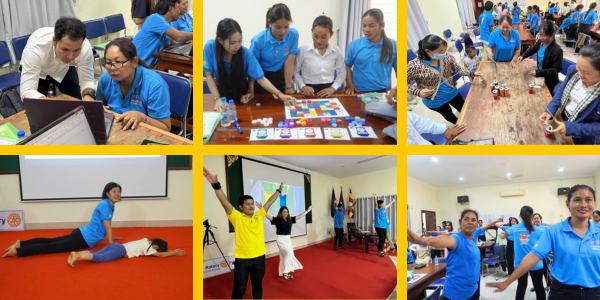 Collage: teachers practise computer worksheets, play a board game and try rhythm exercises at the final workshop
