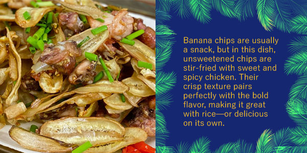 Banana chips stir-fried with spicy chicken and green onions, with text describing the Cambodian dish