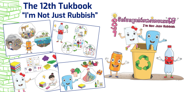 Cover graphic of the 12th Tukbook I'm Not Just Rubbish, with talking recycling characters and sample activity pages