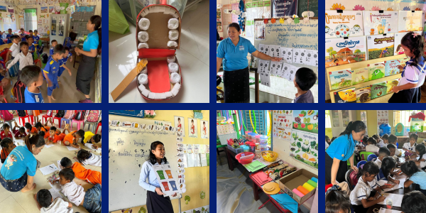 Collage: classrooms at the last school visit, with children at activities, teaching displays, a model mouth and learning corners
