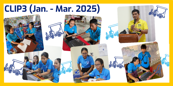 Collage titled CLIP3 (Jan. - Mar. 2025): TukTuk staff and teachers work on laptops in classrooms and at workshops