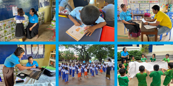 Collage: TukTuk staff survey teachers on laptops and children join activities at the final school visits