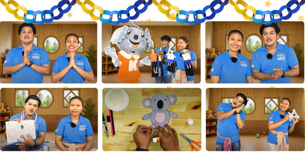 Collage: TukTuk presenters and a koala mascot film the Sala Rean Sabey play school series, with a paper koala craft
