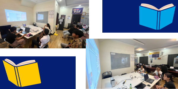 Collage: TukTuk staff gather around laptops and a projected screen to review picture-book text, with book icons