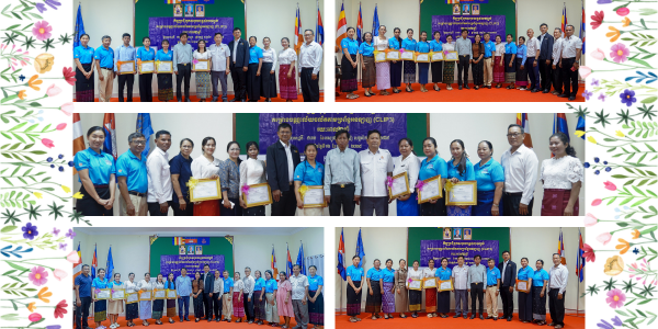 Collage: teachers, education officials and TukTuk staff hold certificates in group photos at the CLIP3 closing meeting
