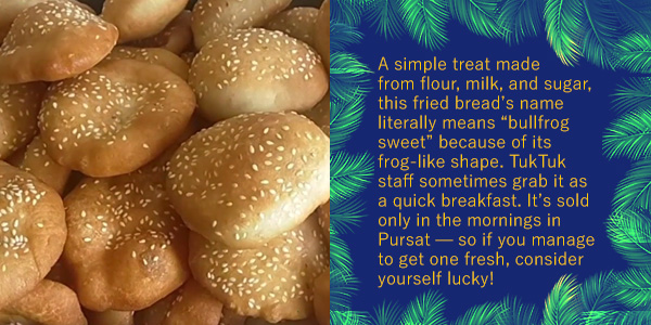 Nom Hing, round fried bread with sesame seeds, with text explaining its name and how TukTuk staff enjoy it