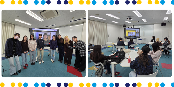 Collage: university students pose beside a screen, then sit in a classroom listening to a TukTuk presentation