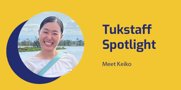 Tukstaff Spotlight banner with a smiling portrait of Keiko beside a lake and the text Meet Keiko