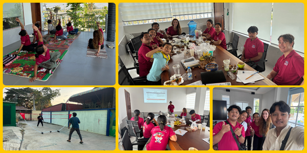 Collage of TukTuk staff wellbeing activities: balcony yoga, a shared meal, a meeting and a game in the yard