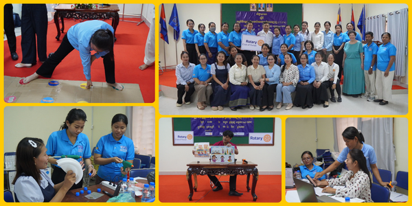 Collage of the first CLIP4 workshop: teachers in a group photo, doing hands-on craft activities and a movement exercise