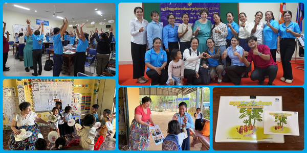 Collage of a visiting teacher with Cambodian teachers: group photos, a storytelling session with children, and a picture book