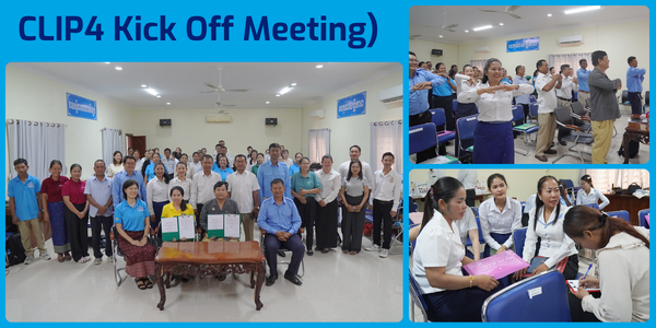 Collage titled CLIP4 Kick Off Meeting: a large group photo of attendees, plus teachers doing an activity and taking notes