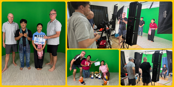 Collage: two Australian film visitors and two TukTuk presenters at a green screen with studio lights, holding a clapperboard