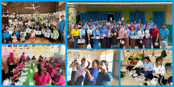 Collage of CLIP4 technical meetings: groups of preschool teachers holding up craft work, working at tables and laughing together
