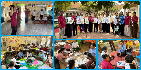 Collage of Technical Meetings: teachers holding up craft sheets, sitting in circles on classroom floors, and working on activities together