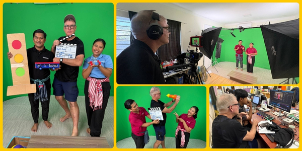 Collage of filming Sala Rean Sabey: presenters and a filmmaker with a clapperboard at a green screen and video editing