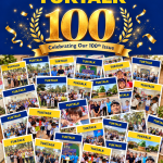 TukTalk 100 anniversary graphic: gold laurel wreath around 100, Celebrating Our 100th Issue, above a collage of past newsletter photos