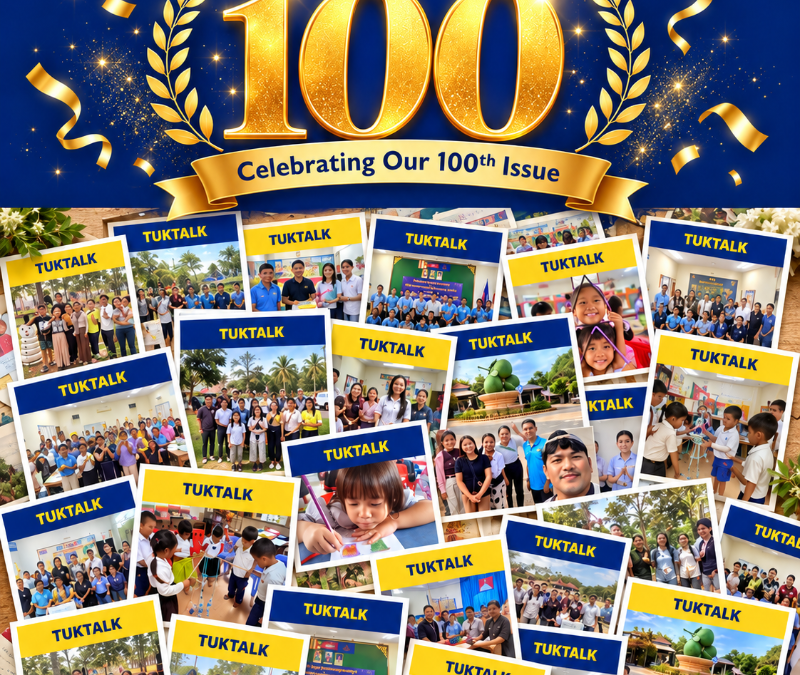 TukTalk 100 anniversary graphic: gold laurel wreath around 100, Celebrating Our 100th Issue, above a collage of past newsletter photos