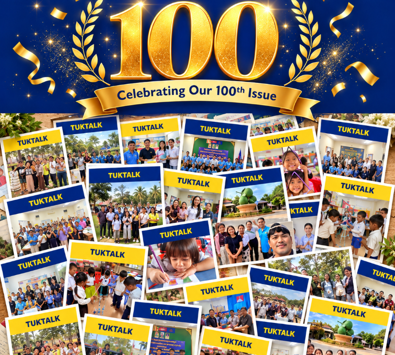 TukTalk 100 anniversary graphic: gold laurel wreath around 100, Celebrating Our 100th Issue, above a collage of past newsletter photos