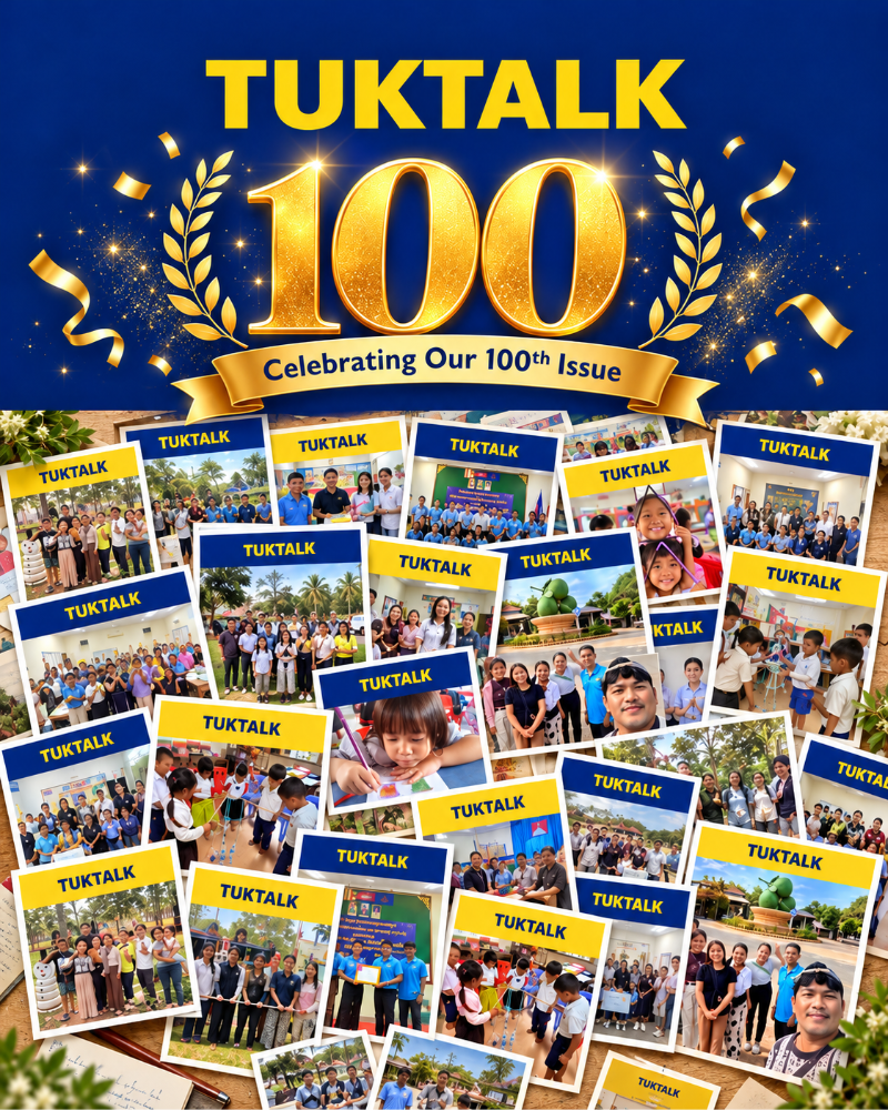 TukTalk 100 anniversary graphic: gold laurel wreath around 100, Celebrating Our 100th Issue, above a collage of past newsletter photos