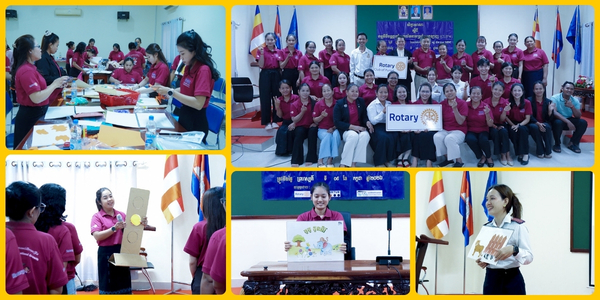 Collage of the second CLIP4 workshop: teachers in maroon shirts doing crafts, a group photo, and guest-led demonstrations